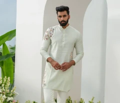 Men's Hand Painted Pastel Mint Green Tussar Silk Kurta Pajama Set
